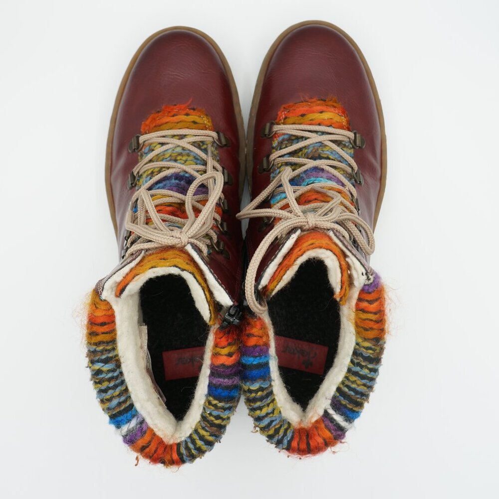 Rieker Felicitas Oxblood Leather Knit Collar Lace-Up Boots - EU 42 / US 10-10.5 - Picture 8 of 10